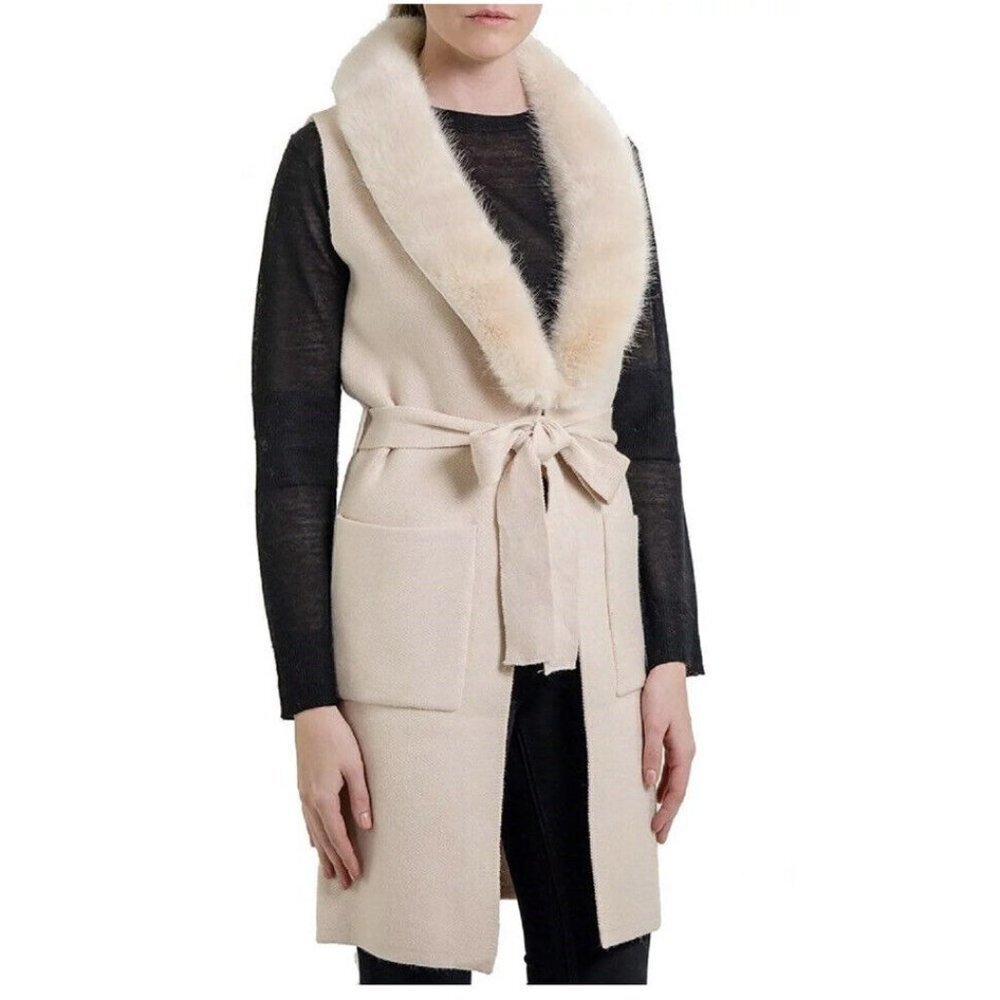LT Love Token Womens Renee Faux Fur Plunging Neck Cream Knit Duster Vest Size XS